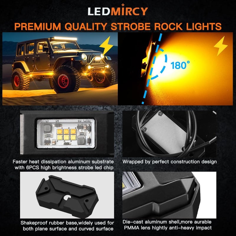 LEDMIRCY Switchback LED Rock Lights Kit White/Amber Strobe with Wiring Harness 8 Pods 6 Mode Reset Function Memory Function for Off Road Trucks ATV UTV SUV RZR Under Body High Power Waterproof - Image 3